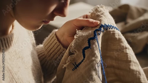 Close up of a womans hands meticulously embroidering a pattern onto fabric.