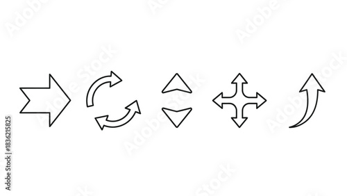Set of five simple black and outline icons representing different types of directional arrows