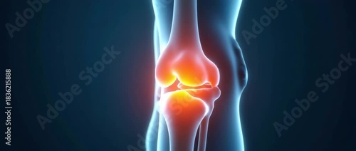 An artistic representation of a human knee joint undergoing replacement surgery, emphasizing the procedure with negative space and a focus on the knee anatomy.