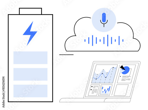 Energy storage, cloud computing, voice recognition, data analytics, AI technology, remote work. Battery with lightning symbol, cloud with soundwave and laptop with graphs. Energy storage and cloud