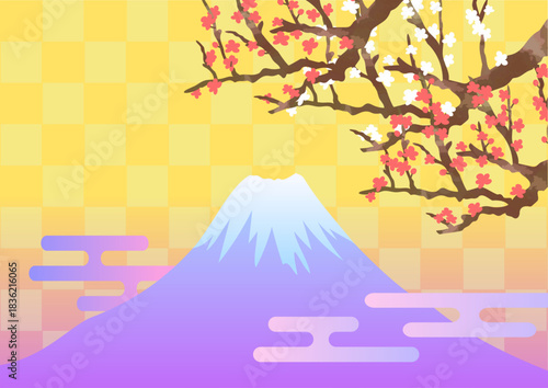 富士山と紅白梅の背景 ai