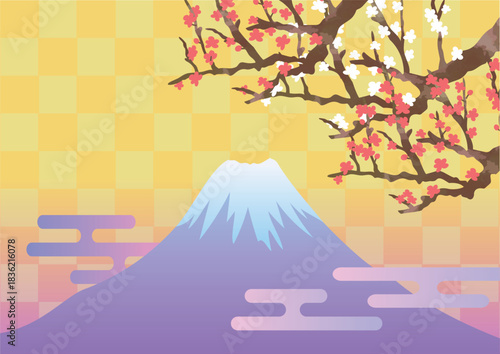 富士山と紅白梅の背景 eps
