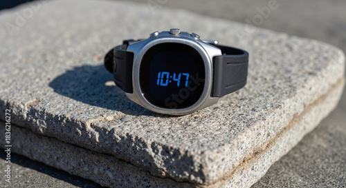 Digital watch with black strap on textured stone slab outdoors