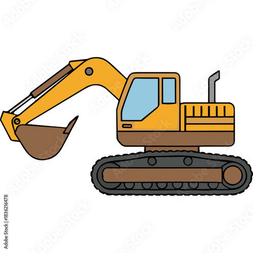 Yellow Excavator Construction Vehicle With Brown Bucket and Blue Windows On Tracks On Black Background Industrial Machinery For Digging Earth And Moving Materials.