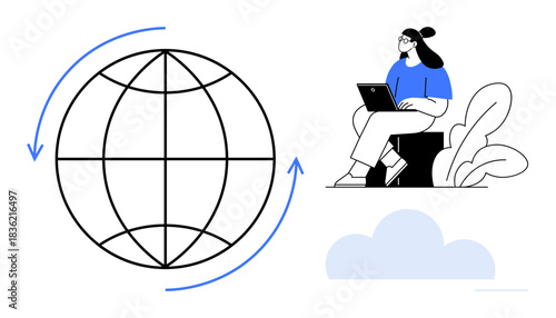 Remote work concept. Remote work illustrated with a globe for global connectivity and a woman using a laptop. Remote work for freelancing, digital nomads, cloud computing, collaboration, and online