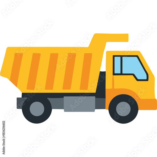 Yellow dump truck illustration side view on a black background with orange stripes on the bed and grey wheels