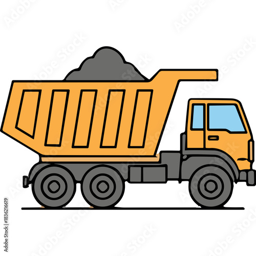 Yellow dump truck carrying a load of gravel on a black background with cartoonish style and simplified design elements featuring gray wheels and a blue windshield