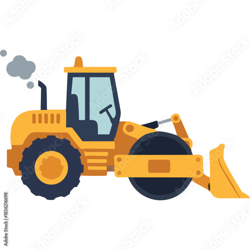 Yellow Road Roller Vehicle with Large Wheels and Front Loader Performing Construction Work on a Dark Background