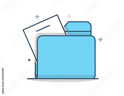 Blue folder icon with documents peeking out against a stark black background with abstract star-like accents on either side, clean minimalist graphic design
