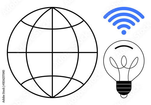 Technology innovation, communication networks, global internet, wireless solutions, creative ideas, energy systems. a globe, a wireless symbol and a lightbulb. s global internet and technology
