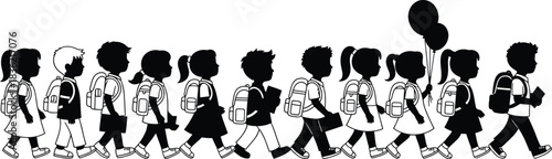 Diverse group of young children walking in a line wearing school uniforms and backpacks representing education and childhood