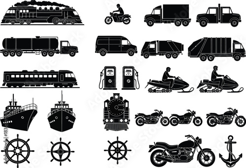 Collection of silhouetted transportation vehicles and nautical symbols including trucks buses ships motorcycles and anchors