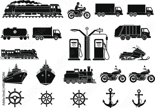 Collection of black and white silhouette icons representing various modes of transportation and nautical symbols on a white background