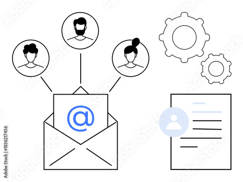 Email outreach, team collaboration, networking, workflow automation, digital communication, user integration. Stylized envelope, user icons gears document. Email outreach and team collaboration