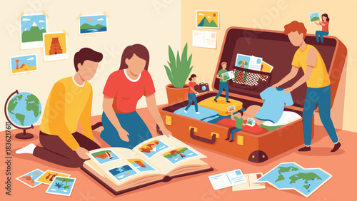 Family Packing Suitcase for Travel – Vector Illustration