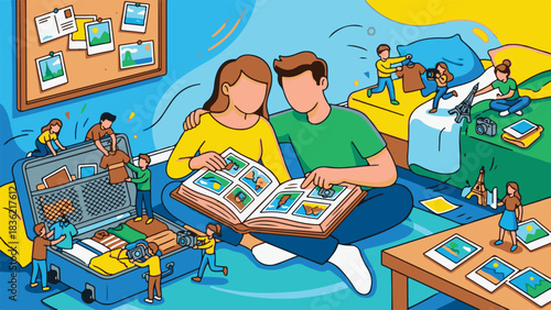 Couple Reading Travel Photo Album Together – Vector Illustration
