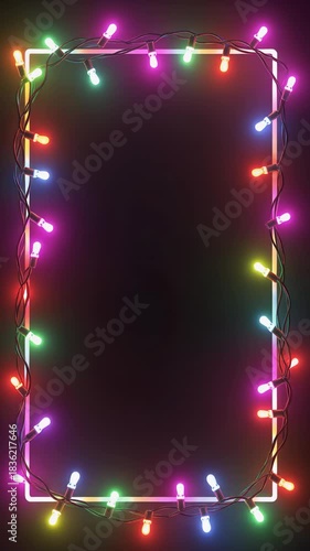 Glowing colorful Christmas string lights vertical frame on black background, festive holiday neon decoration border and new year party celebration copy space layout for video design.