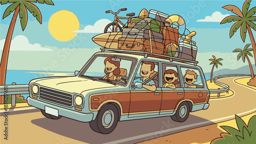 Family Road Trip Vacation with Packed Car – Vector Illustration