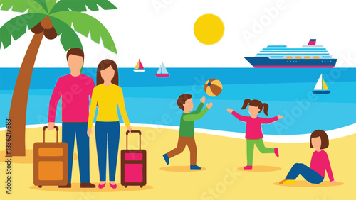 Family Vacation with Suitcases at Beach – Vector Illustration