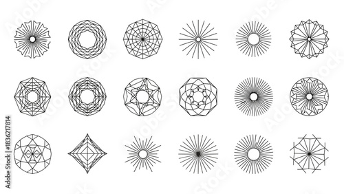Collection of vintage geometric mandala and starburst abstract line art icons
