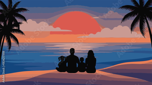 Family Sunset Beach Silhouette Scene Vector Illustration