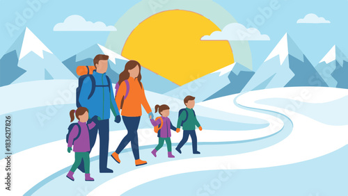 Family Hiking Together in Mountains – Vector Illustration