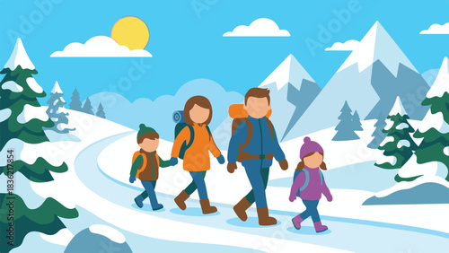 Family Hiking Together in Mountains – Vector Illustration