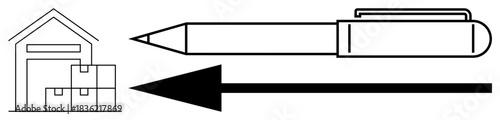 Delivery concept. Delivery signs with warehouse, packaging boxes, and pen image. Delivery process planning for shipping, supply chain, and retail industry. Useful for logistics, business commerce