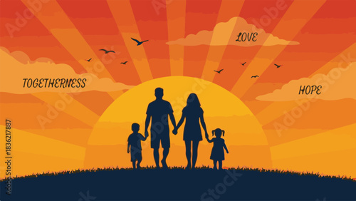 Family Silhouette Walking at Sunset – Vector Illustration