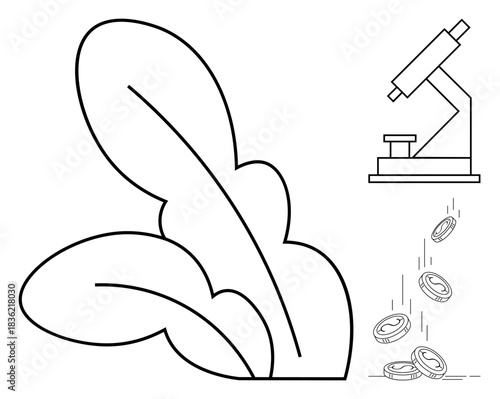 Agriculture, sustainability, biotechnology, investment, eco-friendly innovation, research development. A plant with a microscope and coins falling. Agriculture and sustainability concept