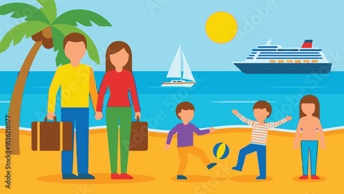 Family Vacation with Suitcases at Beach – Vector Illustration