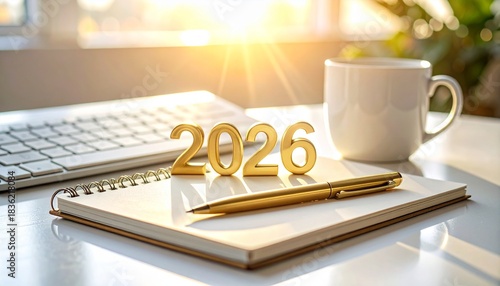 Golden “2026” numbers on a notebook with a pen, keyboard, and coffee cup in warm sunlight, symbolizing planning, new year goals, and future business concepts.
