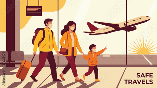 Family Arriving at Airport Terminal – Vector Illustration