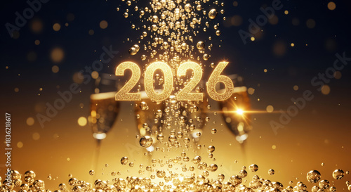 champagne themed new year 2026 background with sparkling bubbles