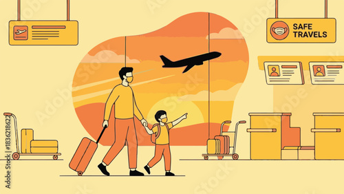 Family Walking at Airport During Sunset – Vector Illustration