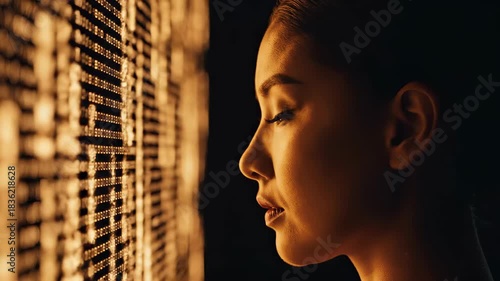 Female data analyst studying a glowing digital screen.