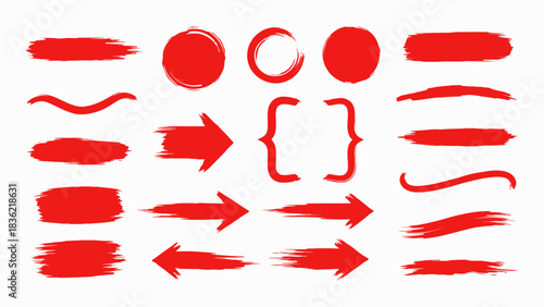 Bold red ink vector lines pack with long and round hand-drawn brushstrokes for text highlights, arrows, frames and circles. Asian calligraphy style with rough grunge texture and bloody scribbles