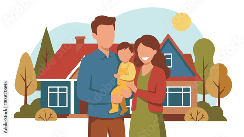 Family with Baby Standing Outside New Home – Vector Illustration