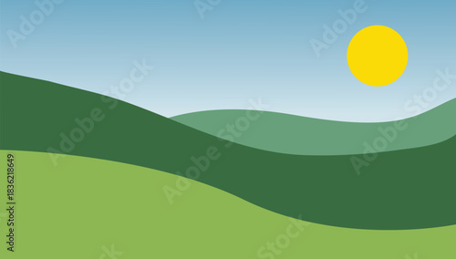 Simple vector illustration of rolling green hills under a bright yellow sun