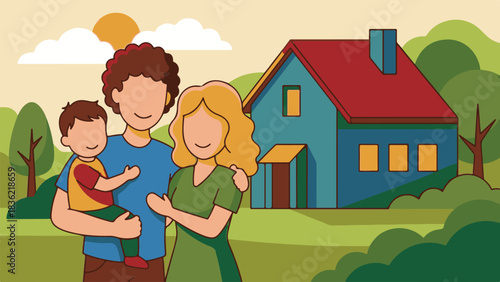 Family Receiving Keys to New House – Vector Illustration