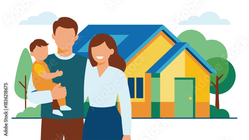 Family Standing Near Colorful Houses – Vector Illustration