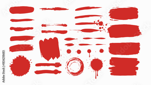 Red grunge brushstroke vector pack with long, short, and rounded ink strokes, splashes, frames, and circles. Bold bloody red color with rough hand-painted texture for posters, vector 