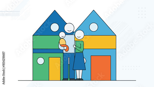 Family Standing by Colorful Houses – Vector Illustration