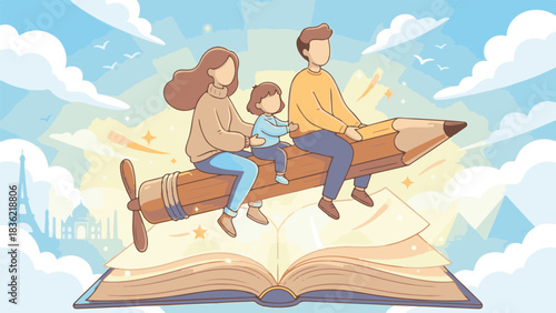 Family Relaxing Outdoors on a Imaginary Pencil Plane – Vector Illustration