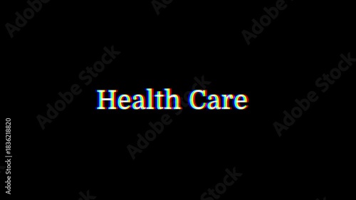 Computer terminal animation of the word health care typed on screen with a blinking cursor. health care typewriter effect on a clean background.