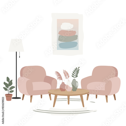 Contemporary Lounge Interior With Pastel Armchairs A Coffee Table And Wall Art In A Soft Pastel Palette With Playful Patterns And Abstract Shapes Ideal For Modern Decor Inspiration