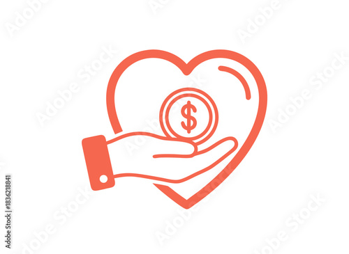 Coral Outline Icon of a Hand Offering a Coin Inside a Heart Shape on a Black Background