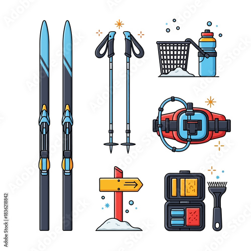 Cross-Country Skiing Gear Modern Flat Icon Set
