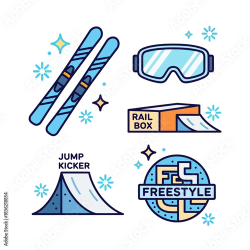 Freestyle Ski Park Tricks Vivid Flat Icon Collection