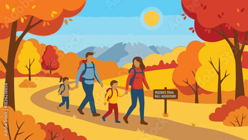 Family Walking in Autumn Forest – Vector Illustration